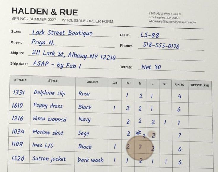 Photo of a handwritten wholesale order form with a coffee stain over one quantity